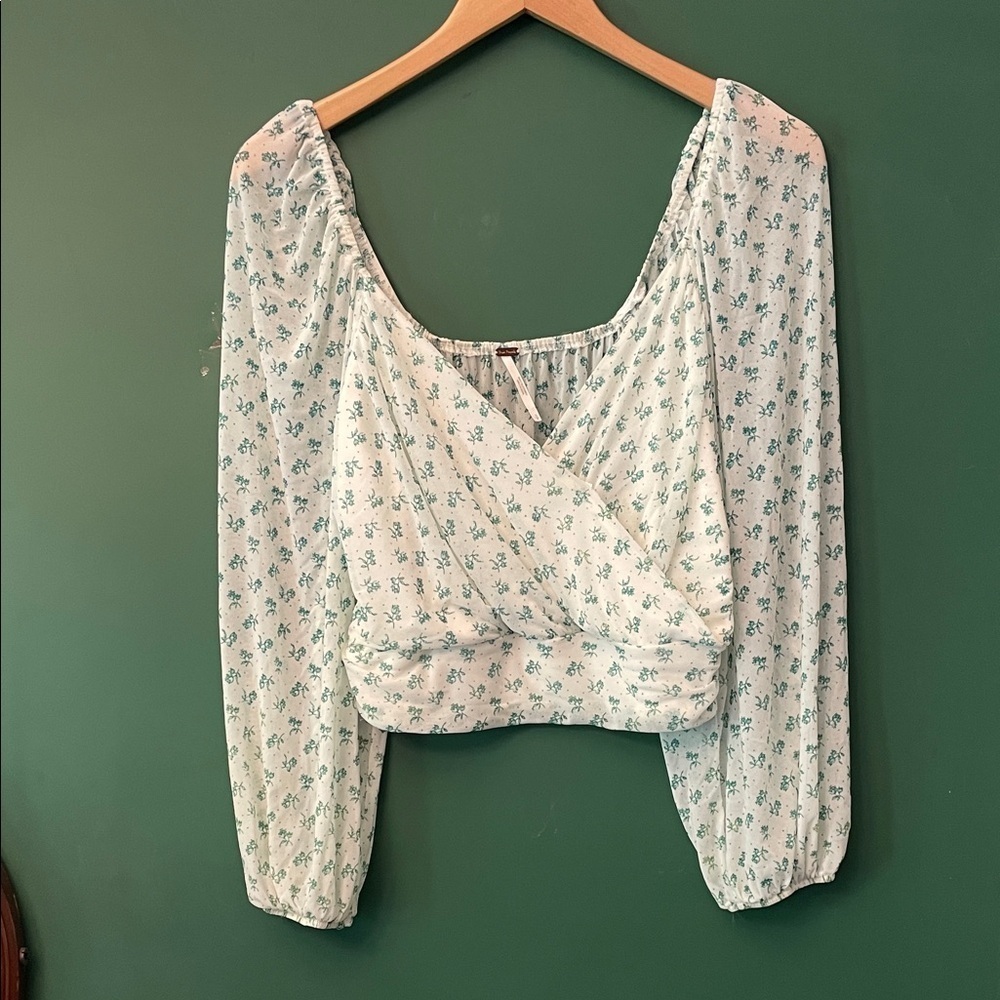 Free People Sweetie Pie Womens S Top Teal & White Floral Mesh Cropped Ruched